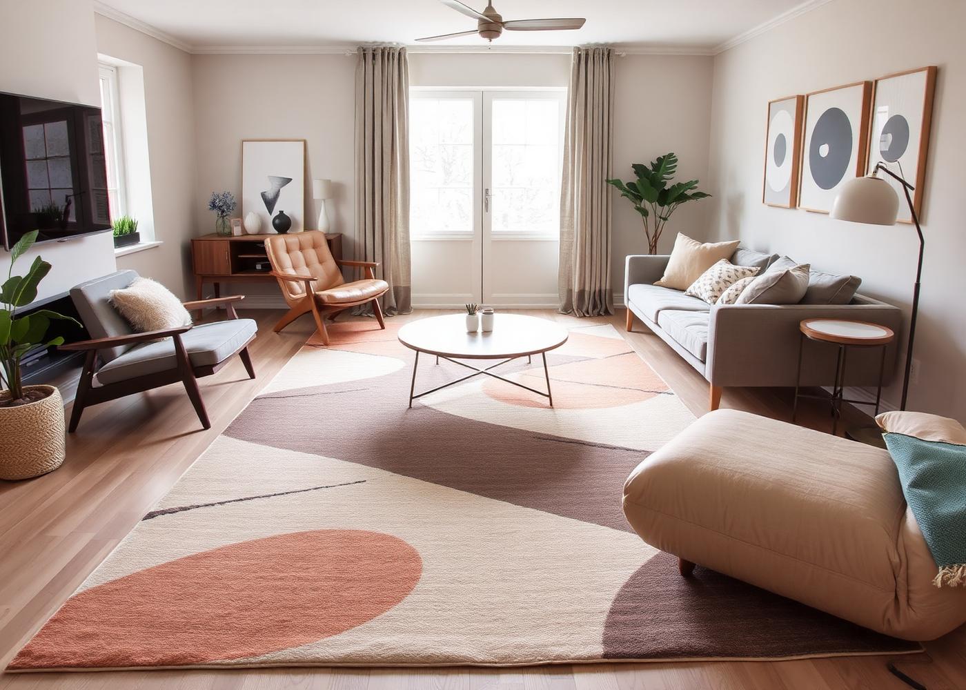 Modern abstract area rug in a Scandinavian living room with mid-century furniture