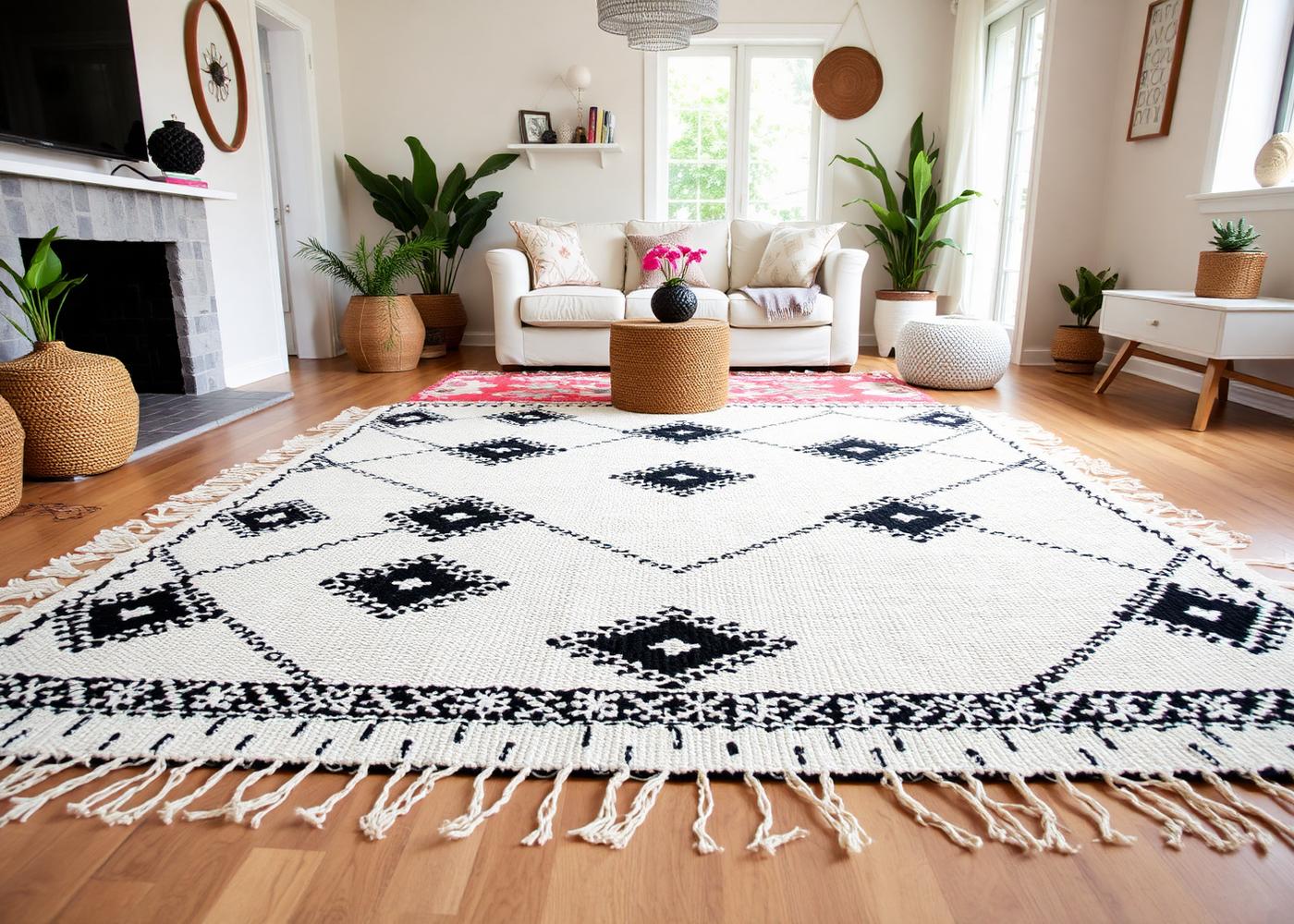 Moroccan Beni Ourain rug with black diamond patterns in a bright bohemian living room