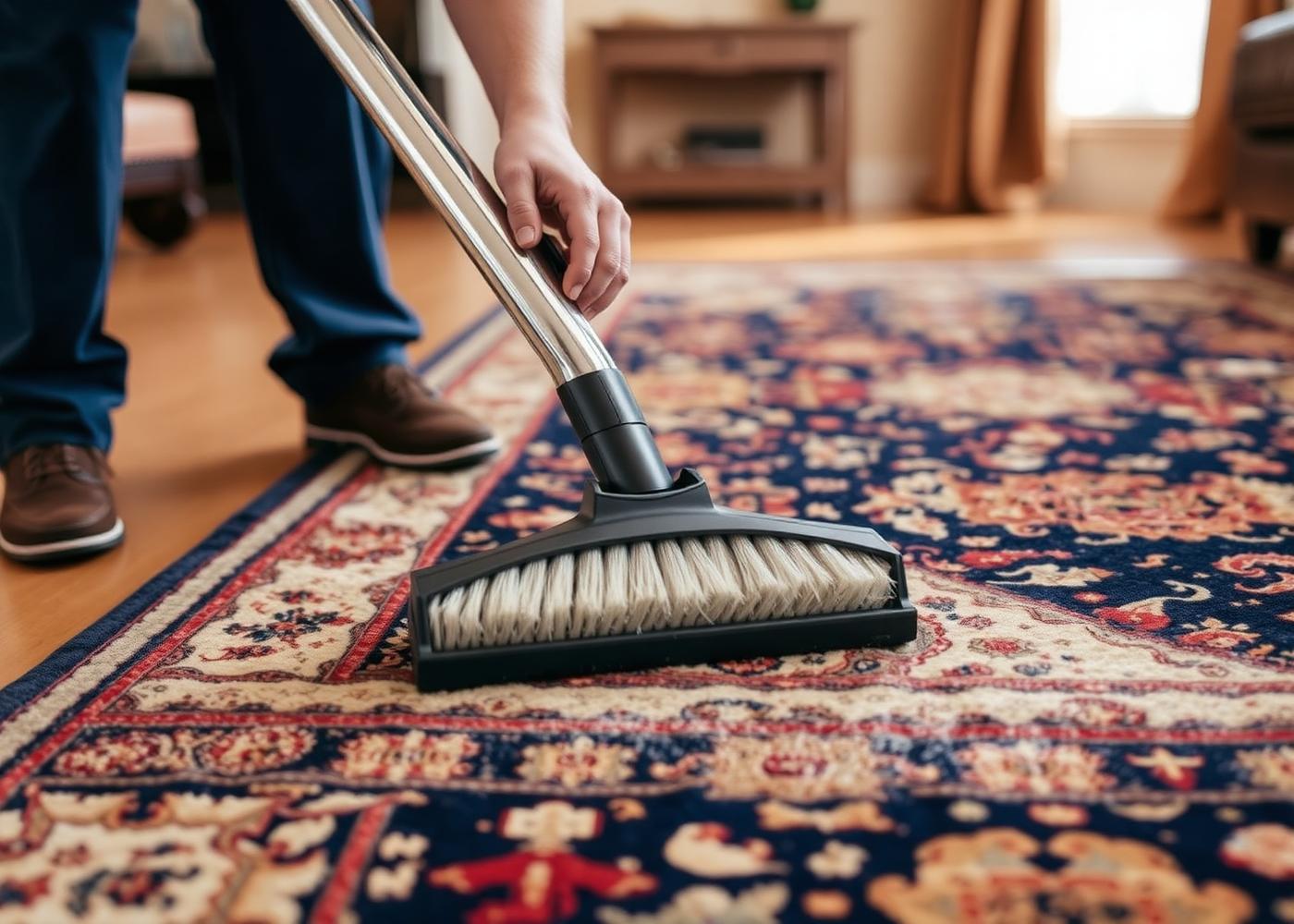 Person vacuuming a Persian area rug with a soft brush attachment, beater bar off